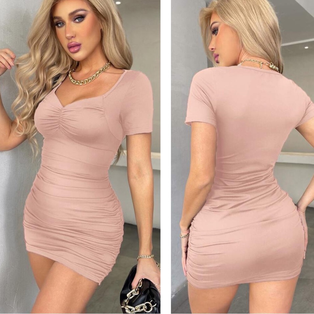 SHEIN Beige Sweetheart Neck Ruched Bodycon Dress SP